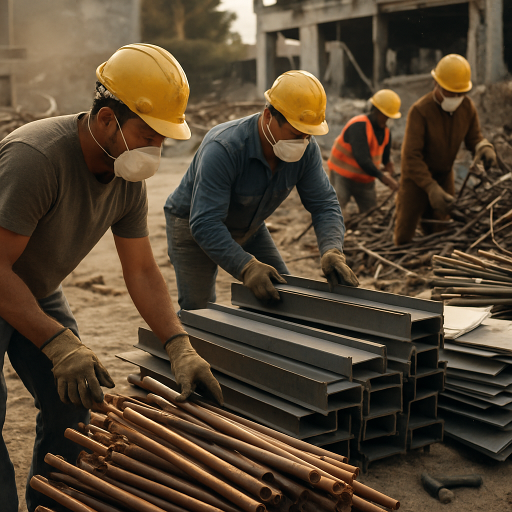 Construction workers sorting steel beams, copper pipes, and aluminum sheets at a demolition site.