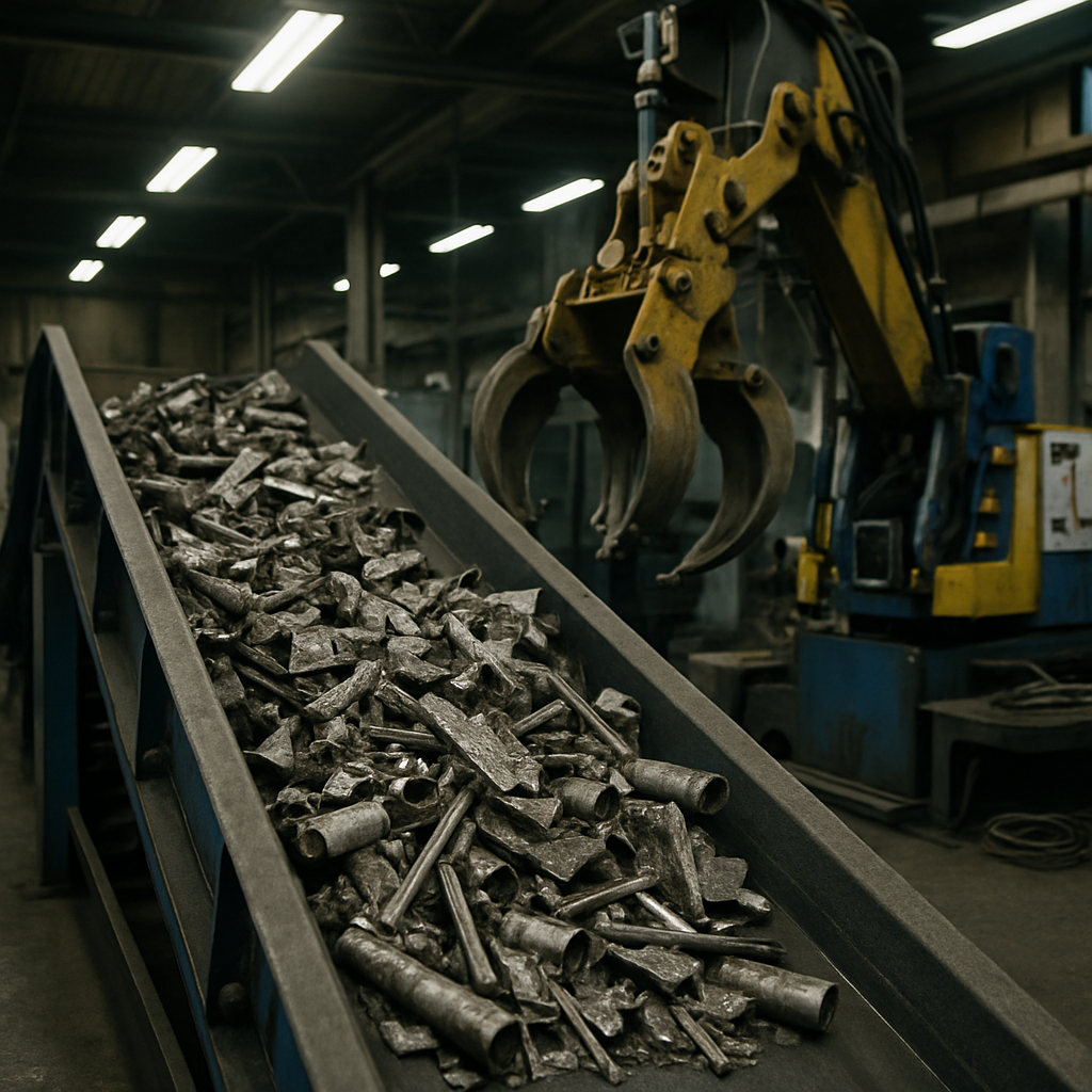 Conveyor belt transporting scrap steel into a factory for dismantling and sorting metal in an indoor industrial setting.