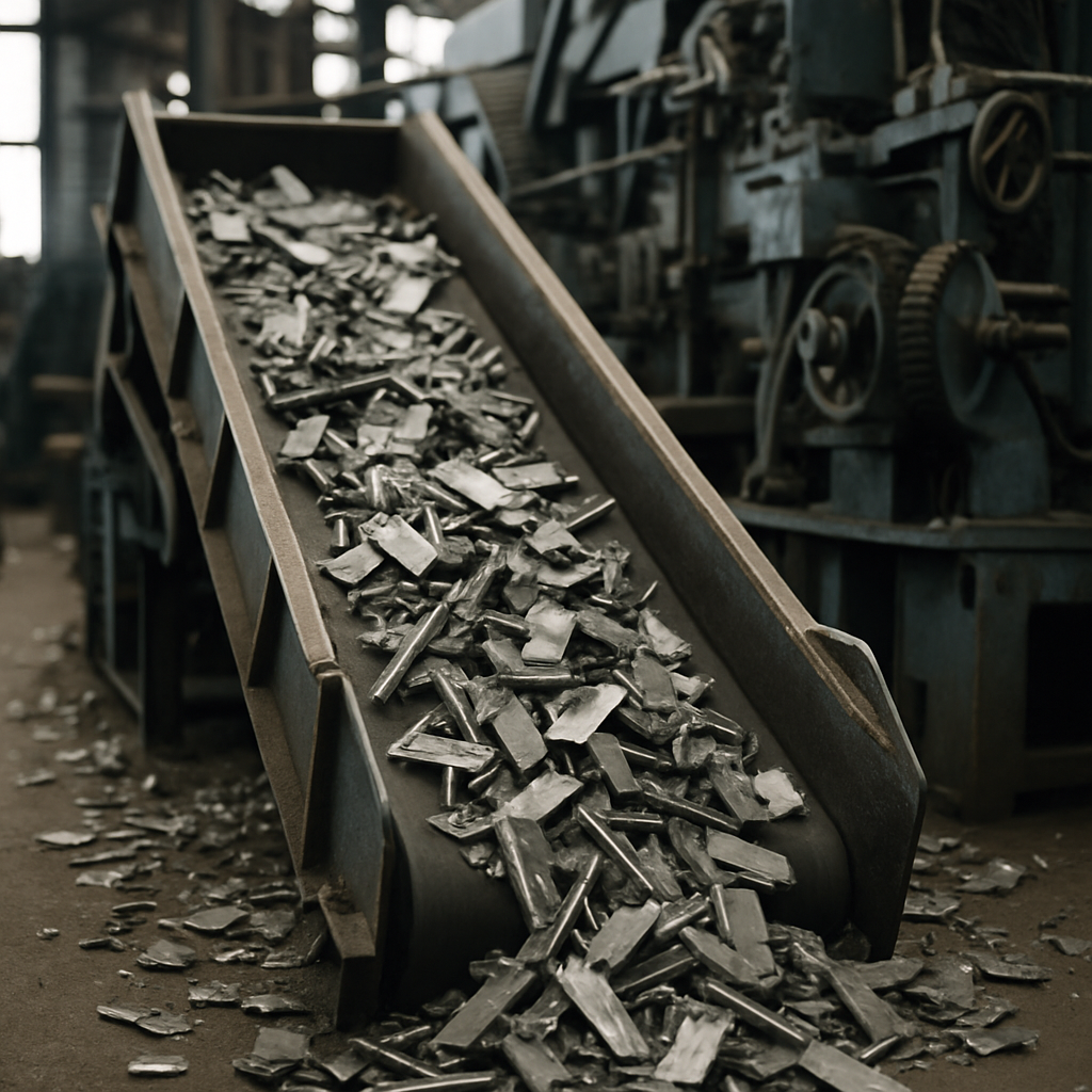 Conveyor belt carrying metal scrap pieces through an industrial processing facility with machinery in the background and bright lighting.
