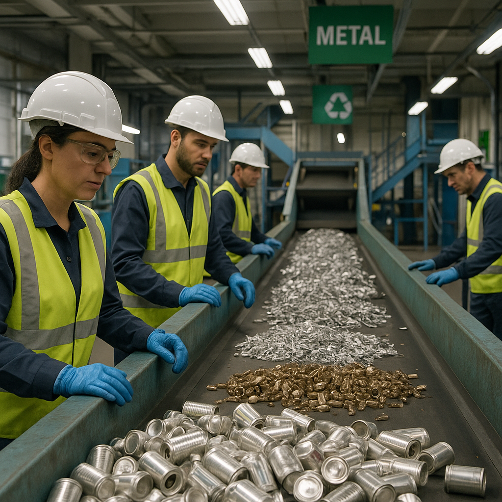 A conveyor belt in a modern recycling plant moving different types of separated metal, with staff supervising the process in a clean environment.