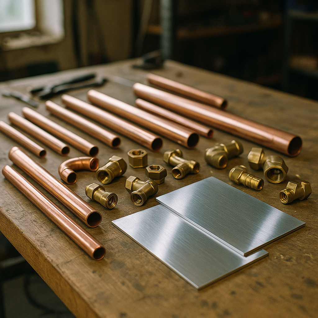Copper and Aluminum Workbench Display Variety of copper pipes, aluminum sheets, and brass fittings on a wooden workbench under natural lighting.