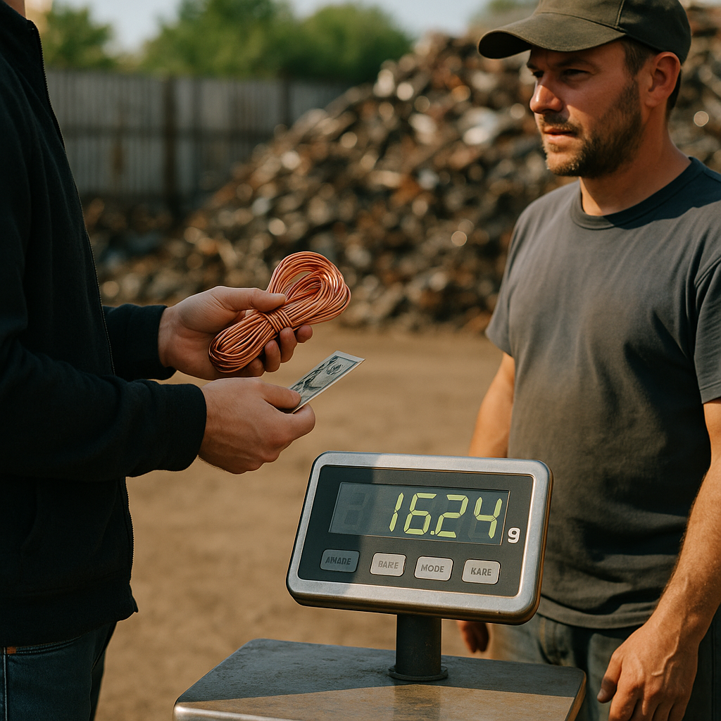 Person negotiating with scrapyard worker while selling shiny copper wire, large digital scale in foreground