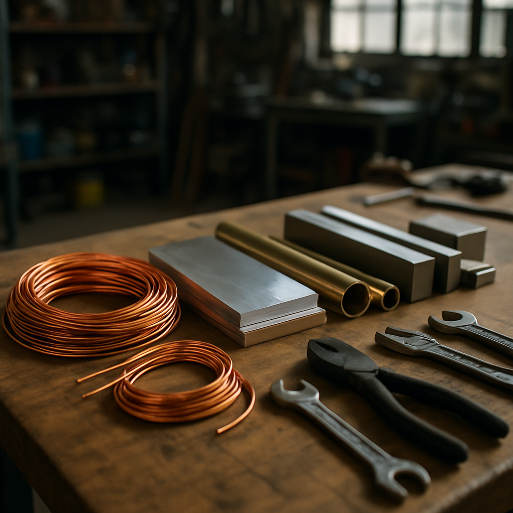 Assorted clean copper wires, shiny aluminum sheets, brass pipes, and stainless steel pieces laid out on a workbench
