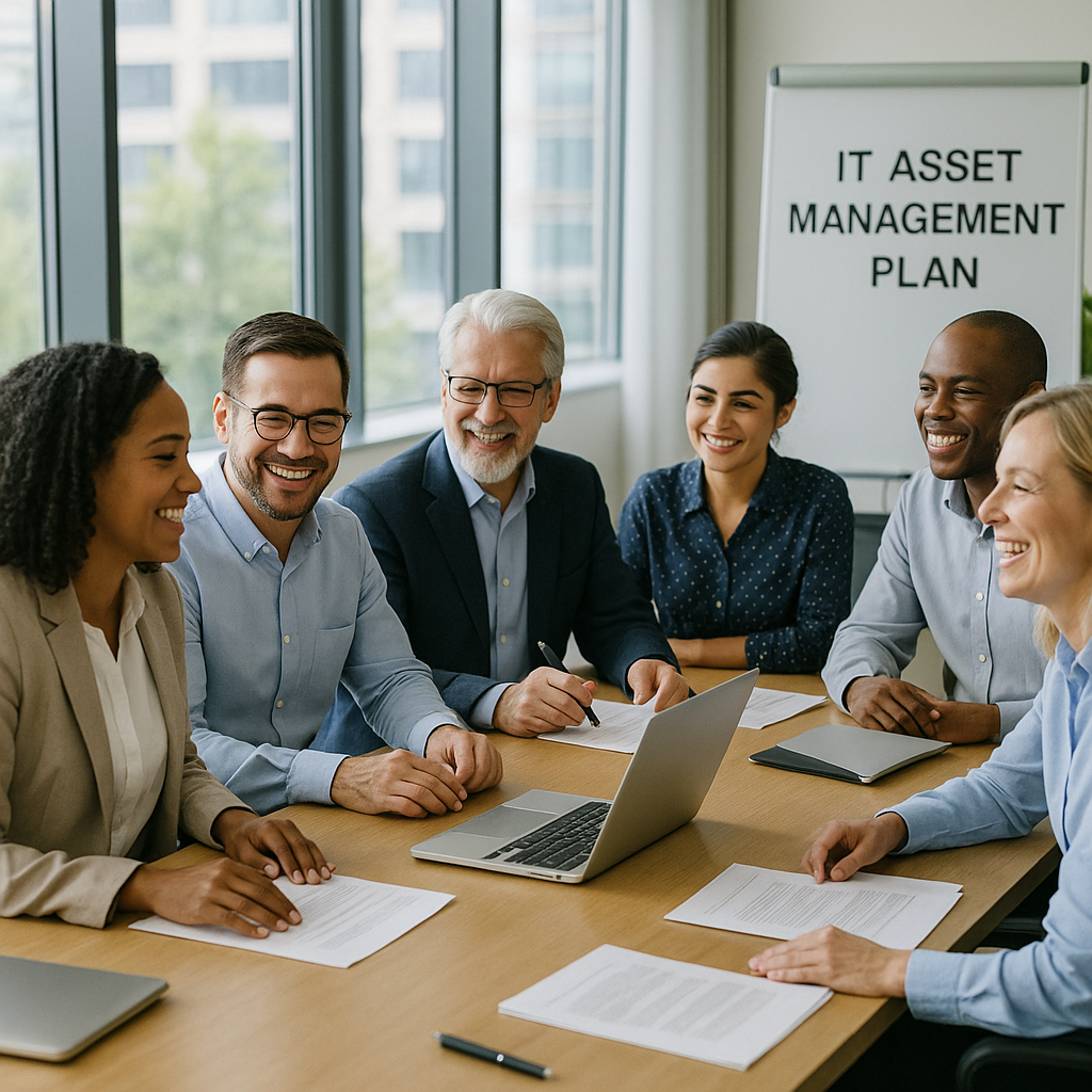 Team Collaboration on IT Asset Management Plan Corporate team reviewing IT asset management plan together in a well-lit boardroom, smiling and nodding, documents and laptops open on the table.