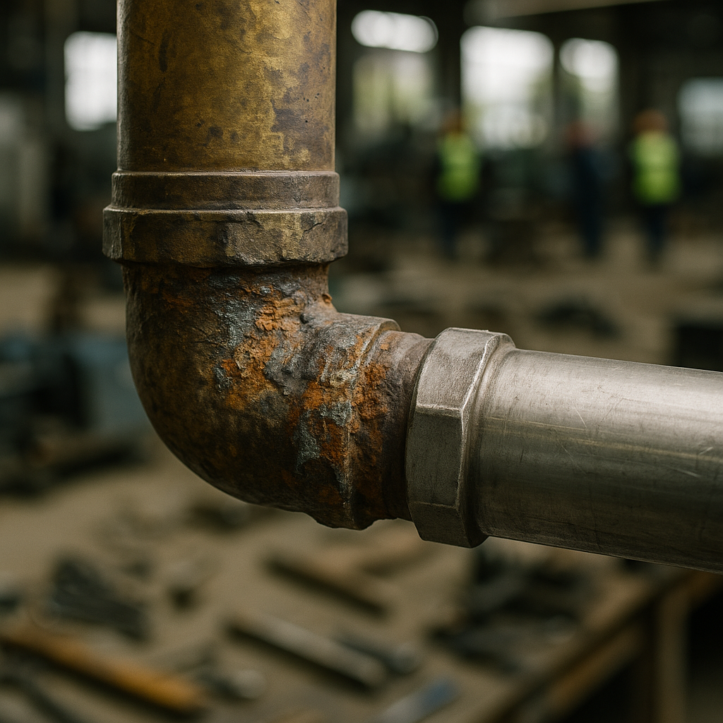 Corroded brass and stainless steel pipes joined together, showing visible discoloration and corrosion at the connection point in an industrial setting.