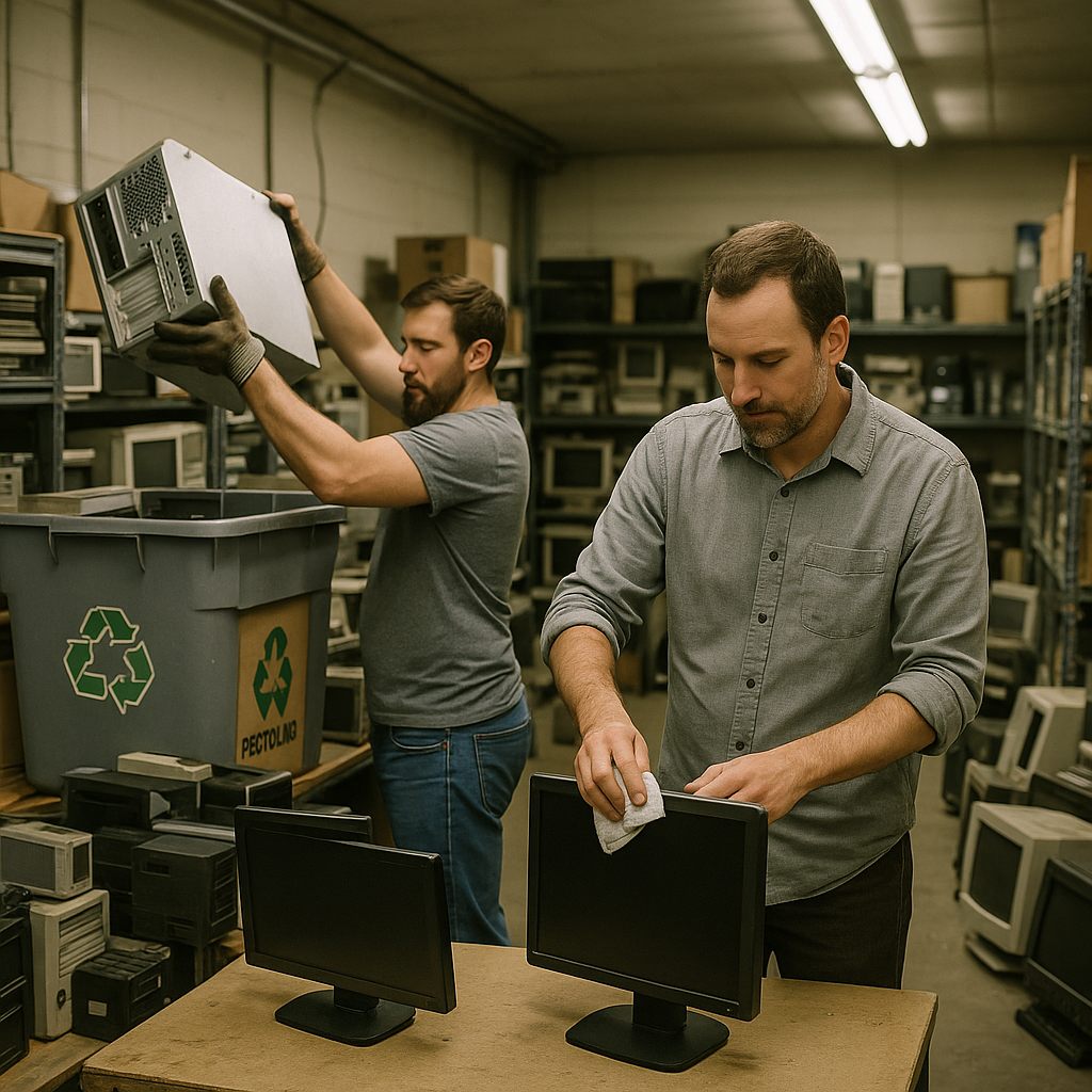 Sorting Outdated Computers and Monitors Two coworkers sorting outdated computers and monitors, preparing for recycling and resale.
