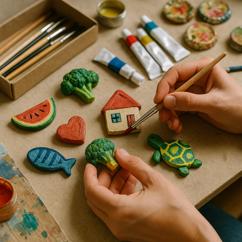 Craft Table with Painting Session Craft table with hands painting and decorating old fridge magnets, surrounded by art supplies and upcycled crafts.