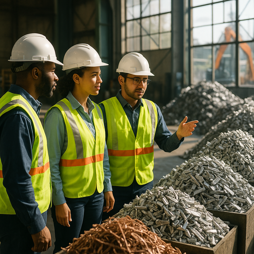 Diverse team of engineers in safety gear observing sorted piles of gleaming metals at a modern recycling plant with sunlight streaming through windows.