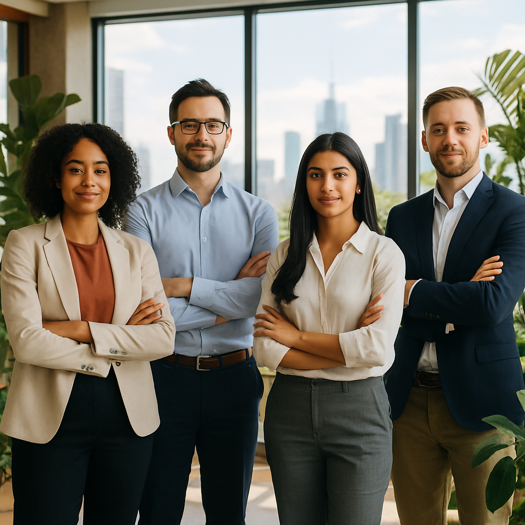 Diverse Professionals in Eco-Friendly Office Diverse group of professionals standing confidently in an eco-friendly office with large windows and green plants, looking towards a bright city skyline