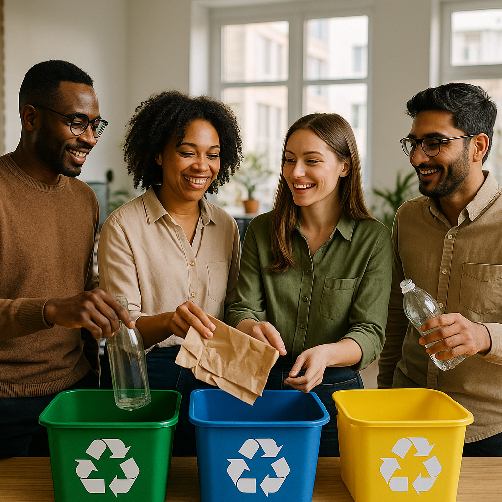 Diverse Team Recycling in Office Diverse team placing recyclables in office bins, smiling and chatting in an open workspace with natural light