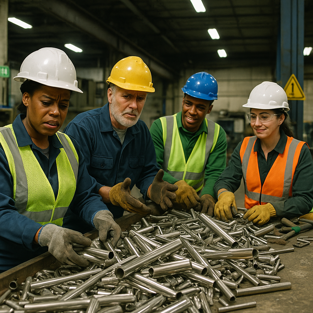 Diverse workers in safety gear sorting stainless steel scrap in a facility, with varying expressions of frustration and optimism.