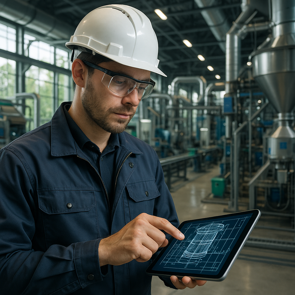 Engineer reviewing a digital blueprint of a futuristic, eco-friendly metal processing plant with advanced equipment in the background.