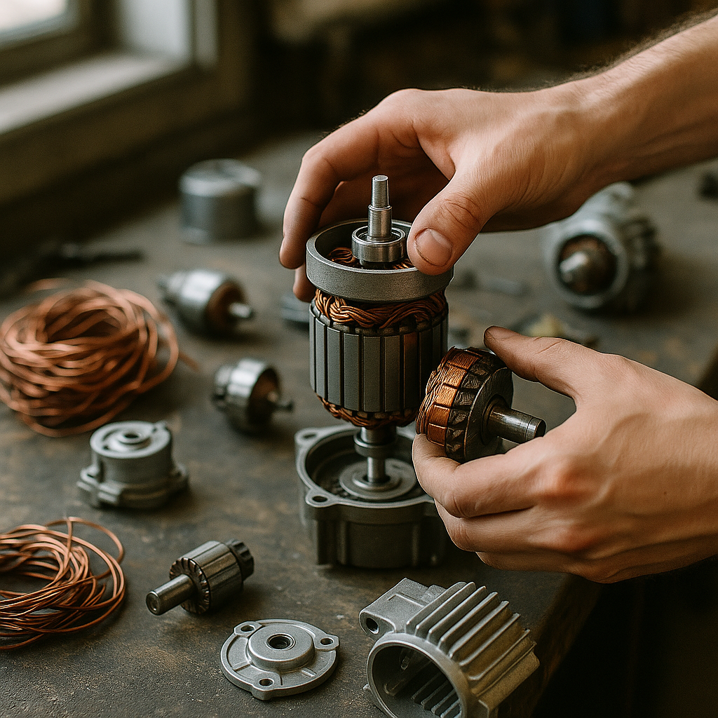 Close-up of hands disassembling an electric motor with copper wires, steel parts, and aluminum pieces on a workbench.