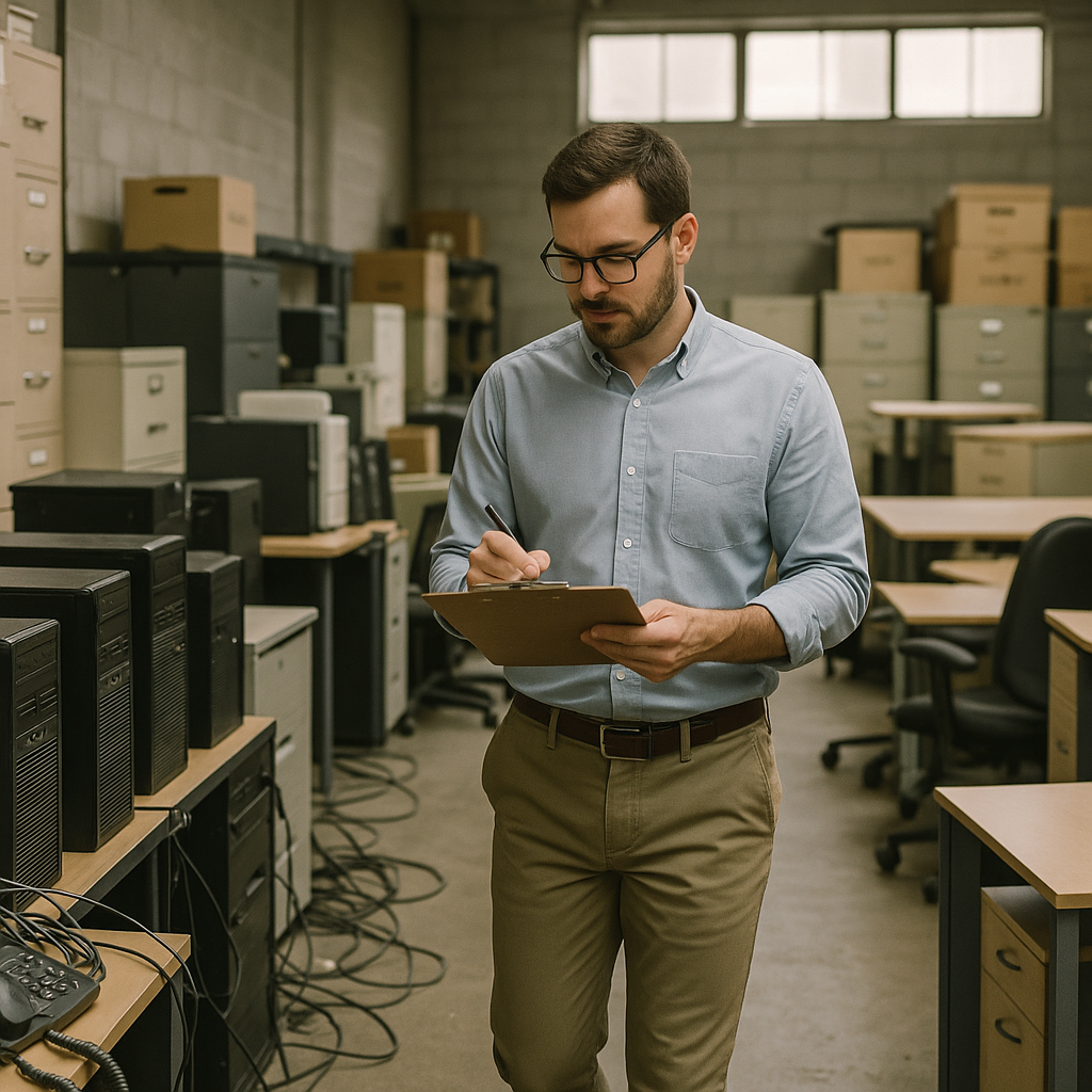 Employee Inventory Check in Storage Room Employee with clipboard checking off items in storage room filled with idle office electronics and furniture.