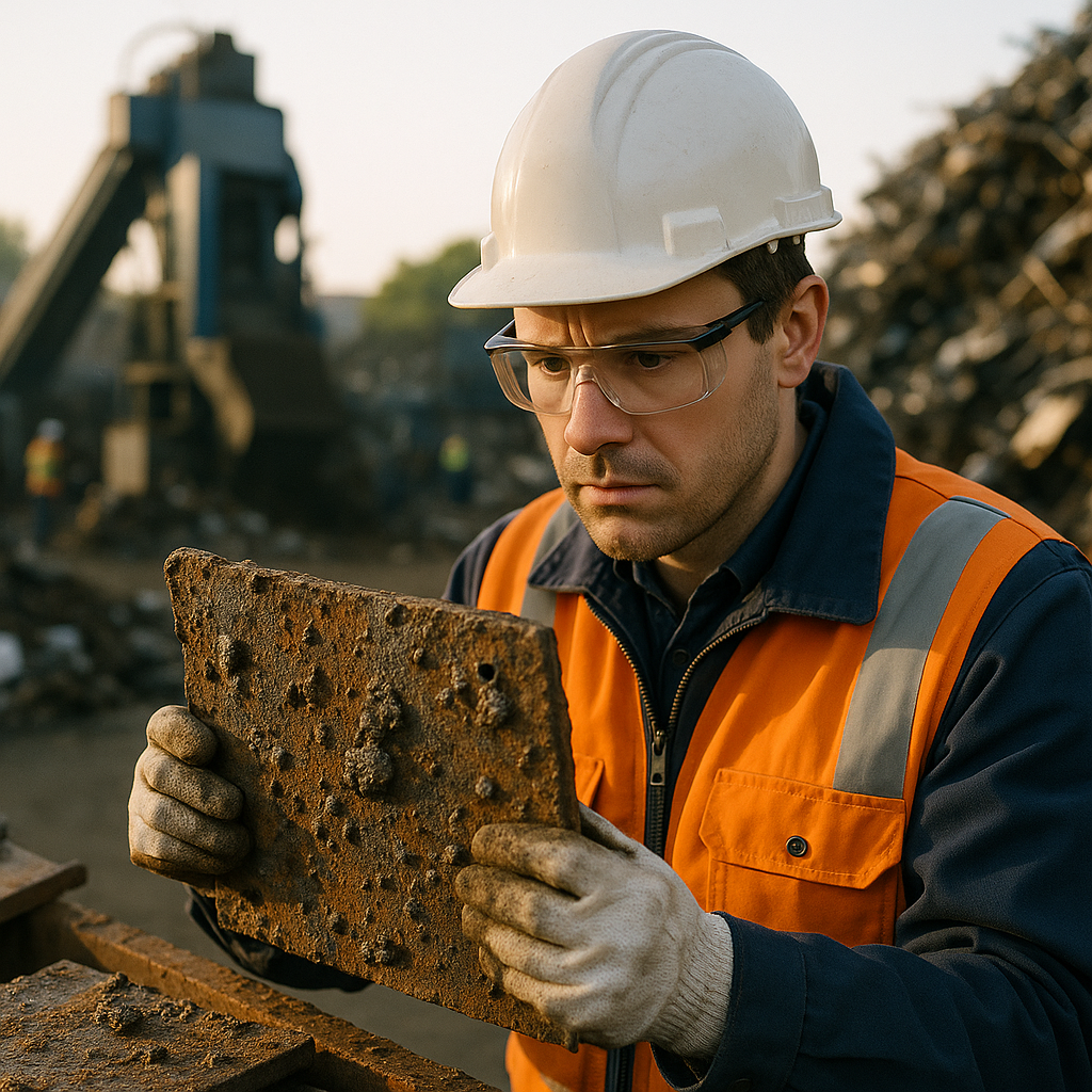 Engineer in protective gear examining corroded metal plates with impurities at a noisy recycling plant, showing concern.