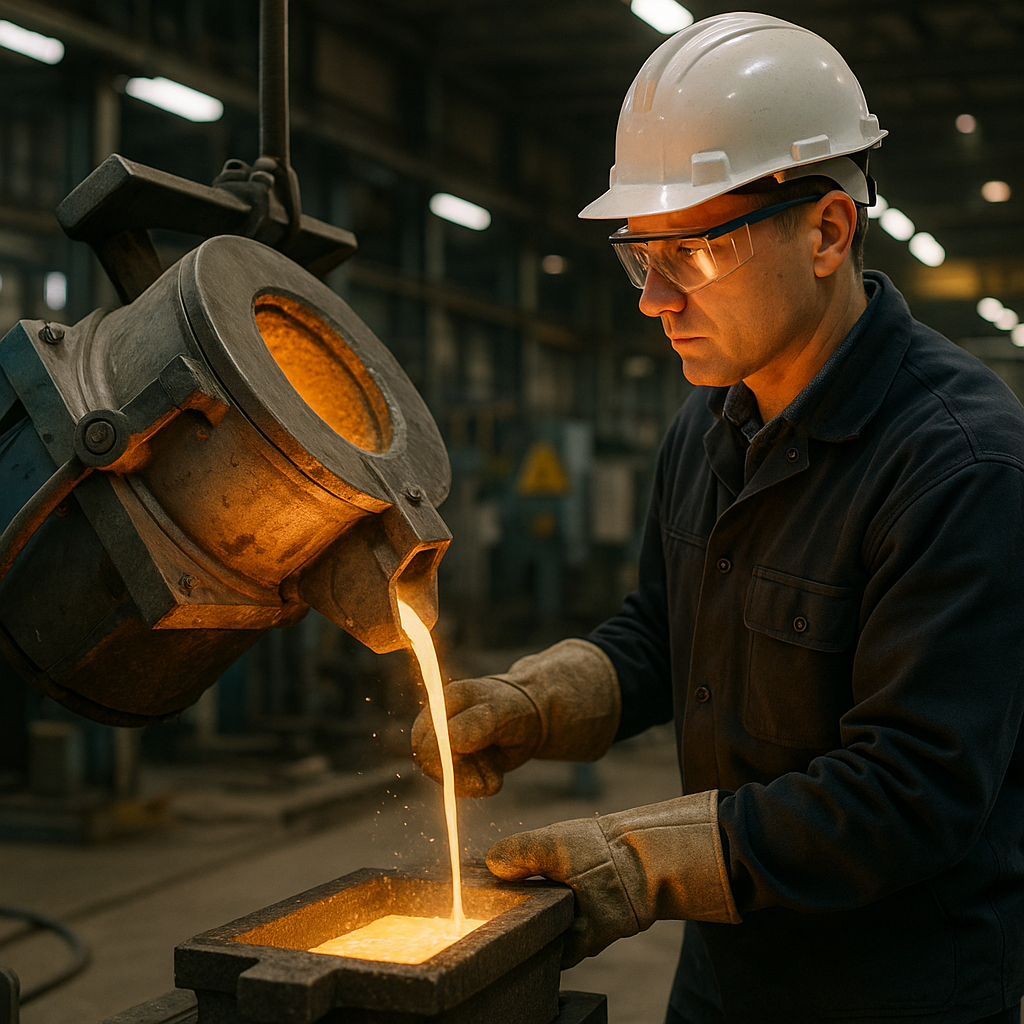 Engineer operating a modern induction furnace with glowing molten metal being poured into a mold in an industrial setting, wearing safety gear.