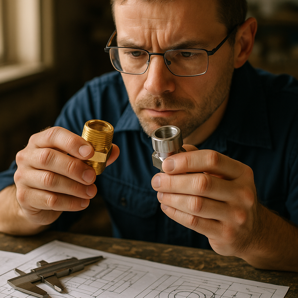 Close-up of an engineer inspecting brass and stainless steel metal fittings on a workbench with technical drawings and calipers.
