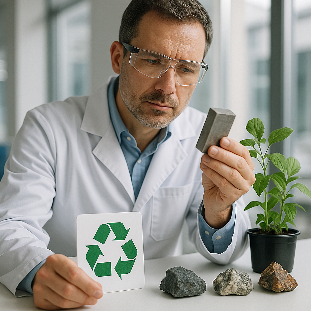 Engineer holding a metal sample beside green plants, with a recycling sign and mineral rocks on a table, in a clean modern laboratory.