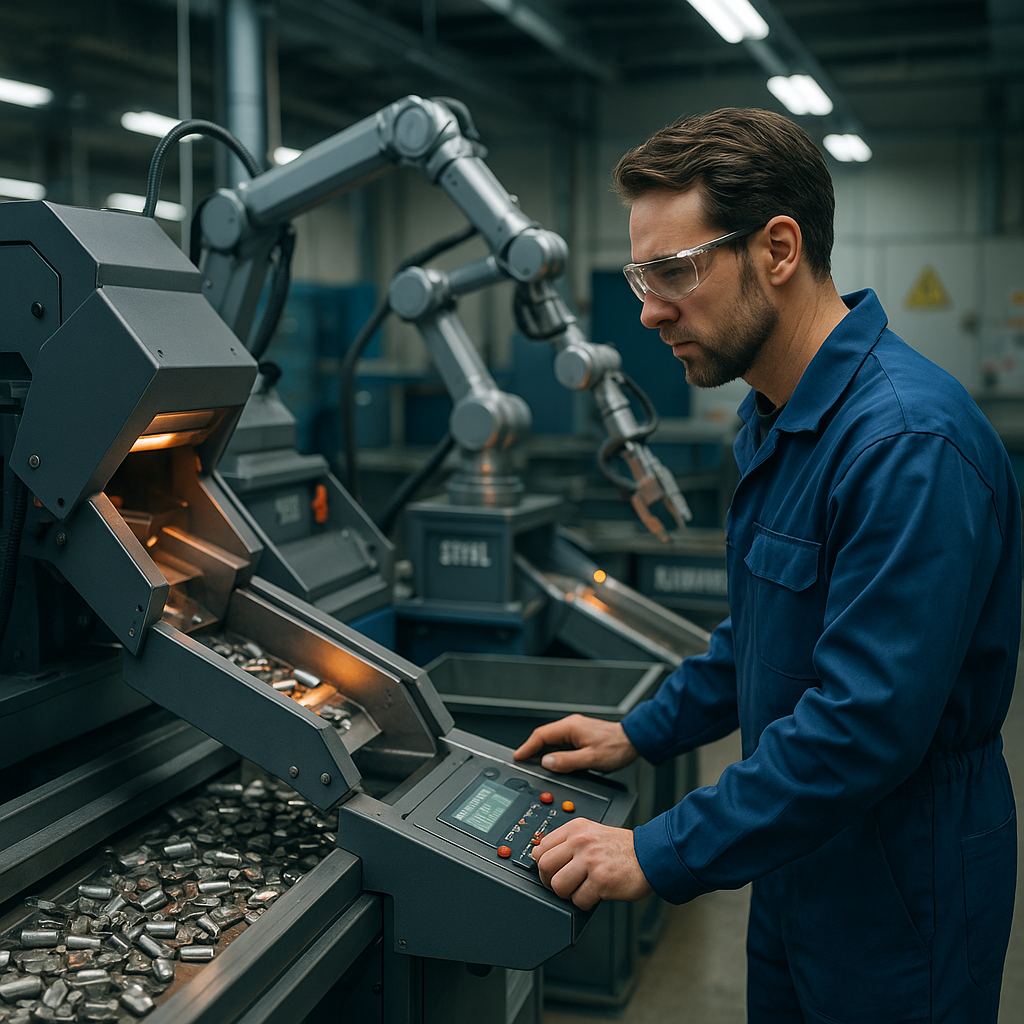 Engineer operating an advanced metal sorting machine in a high-tech recycling facility with metallic conveyor belts and robotic arms separating different metals in a brightly lit environment.