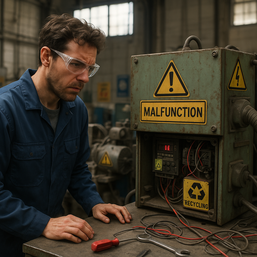 An engineer examining a malfunctioning recycling machine with a concerned expression, surrounded by complex equipment and warning signs.