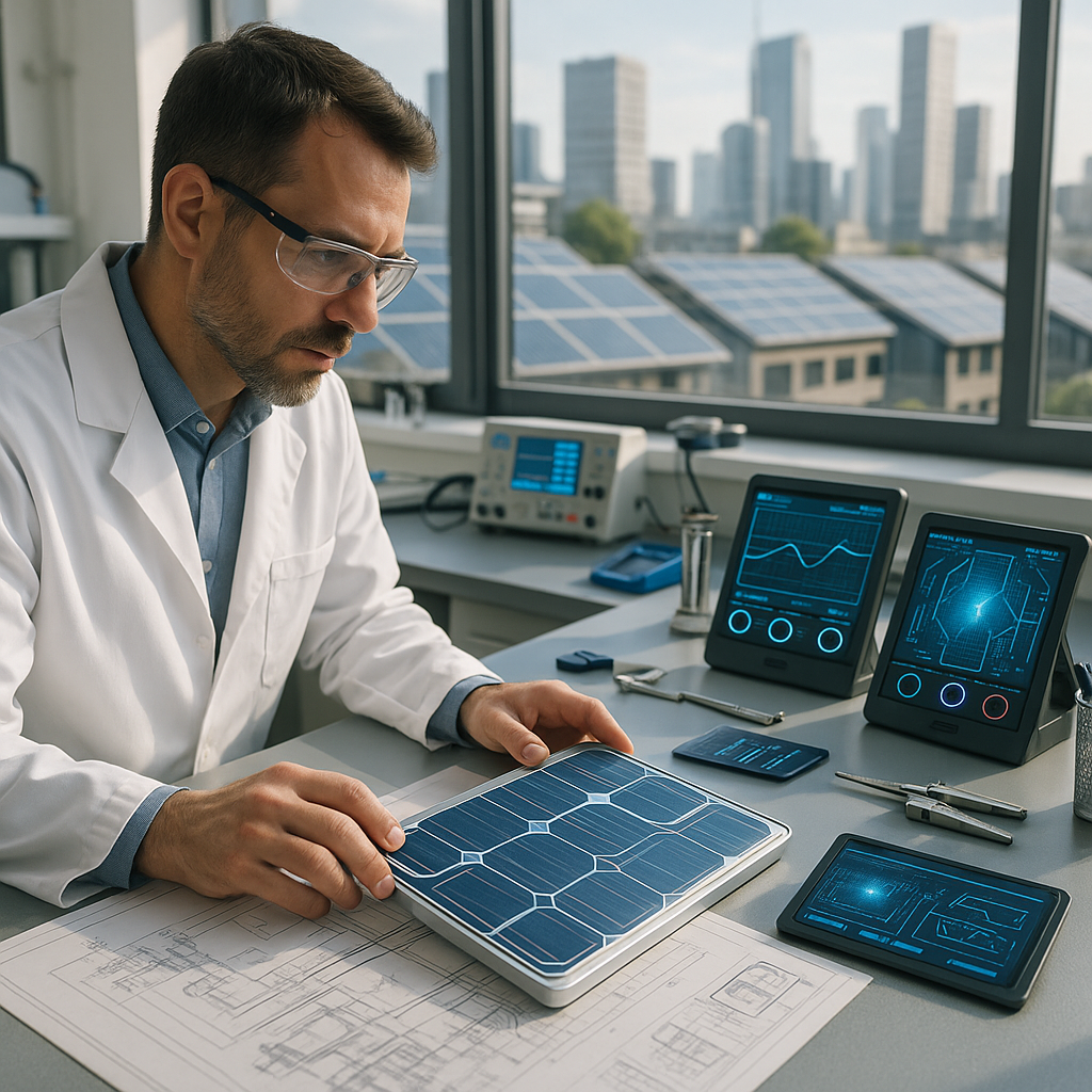 Engineer studying advanced solar panels and blueprints in a bright research lab with futuristic solar cells and digital displays, city skyline with solar rooftops visible through window.