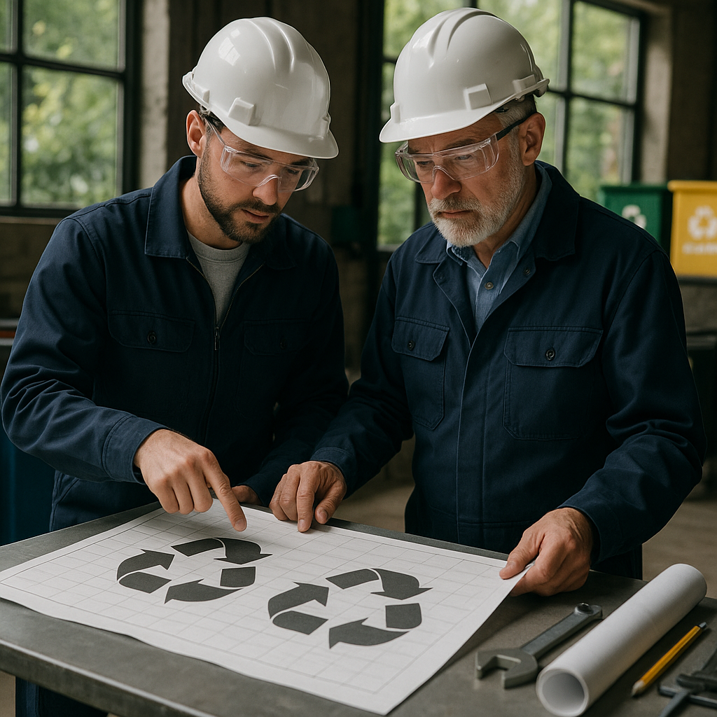 Engineers consulting over a blueprint with recycling symbols in an industrial setting with green plants outside and bins for sorting materials.