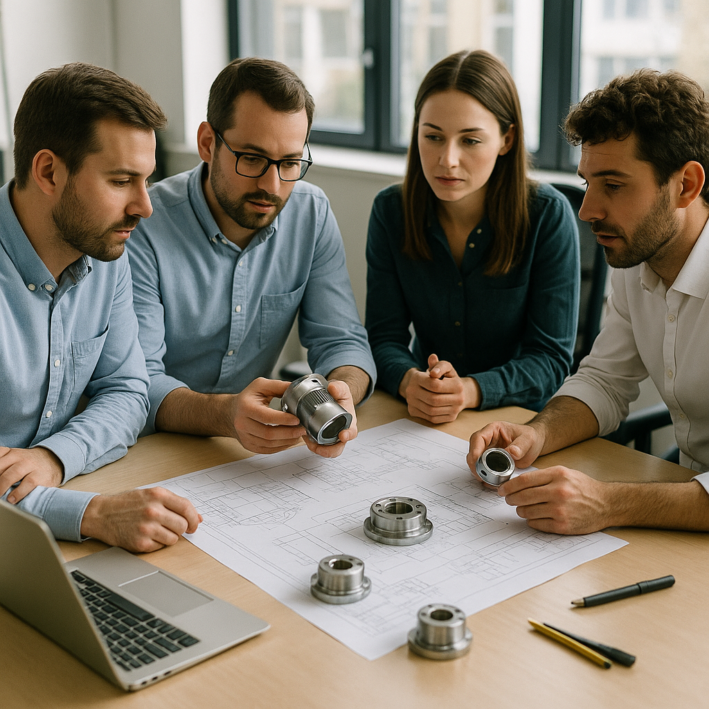 Engineers discussing metal parts around a table with technical blueprints and sample parts in a bright office environment.