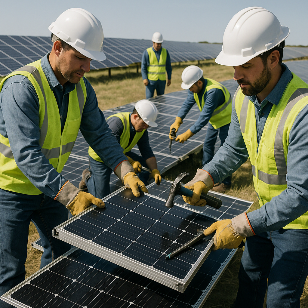 Engineers in safety gear dismantling solar panels from a large solar farm under a clear sky.