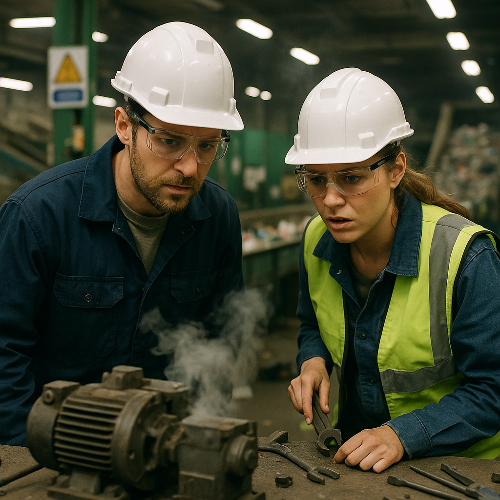 Concerned engineers examining complex machinery with visible smoke and worn equipment inside a busy recycling facility.