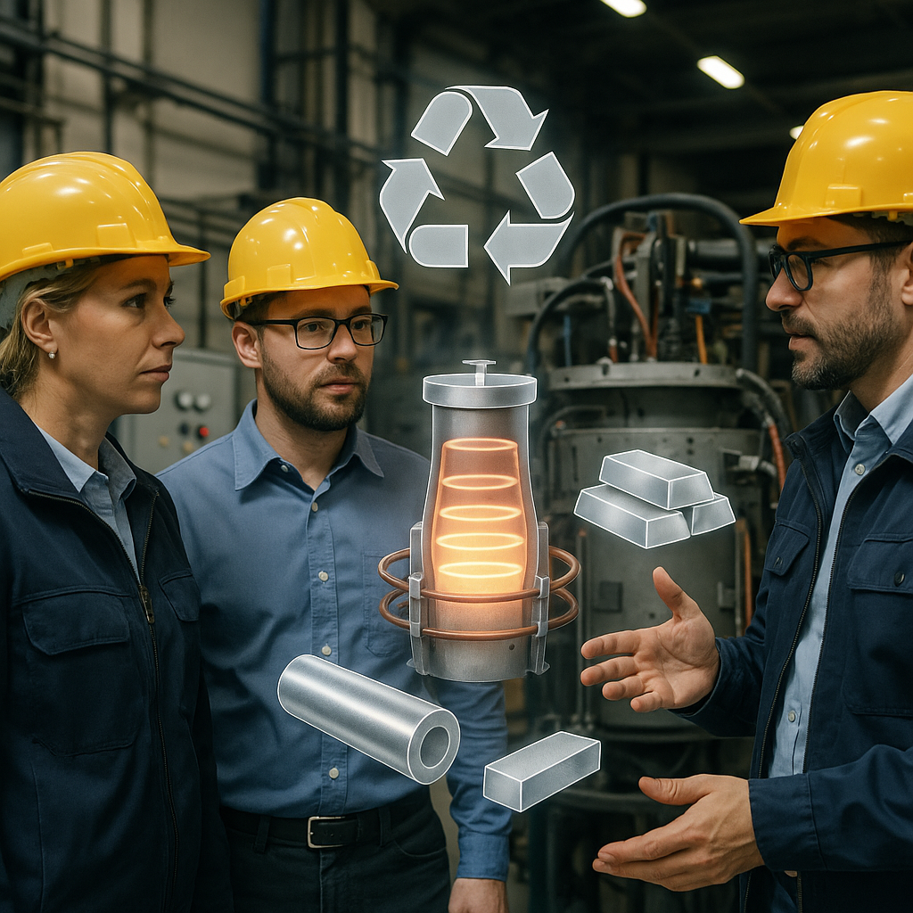 Engineers discussing an advanced induction furnace in a modern facility, with recycling icons and shiny metal products overlaying the scene.