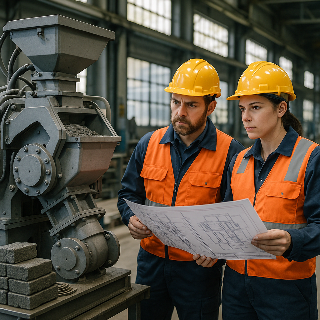 Engineers examining advanced slag treatment machinery in a factory with technical blueprints.