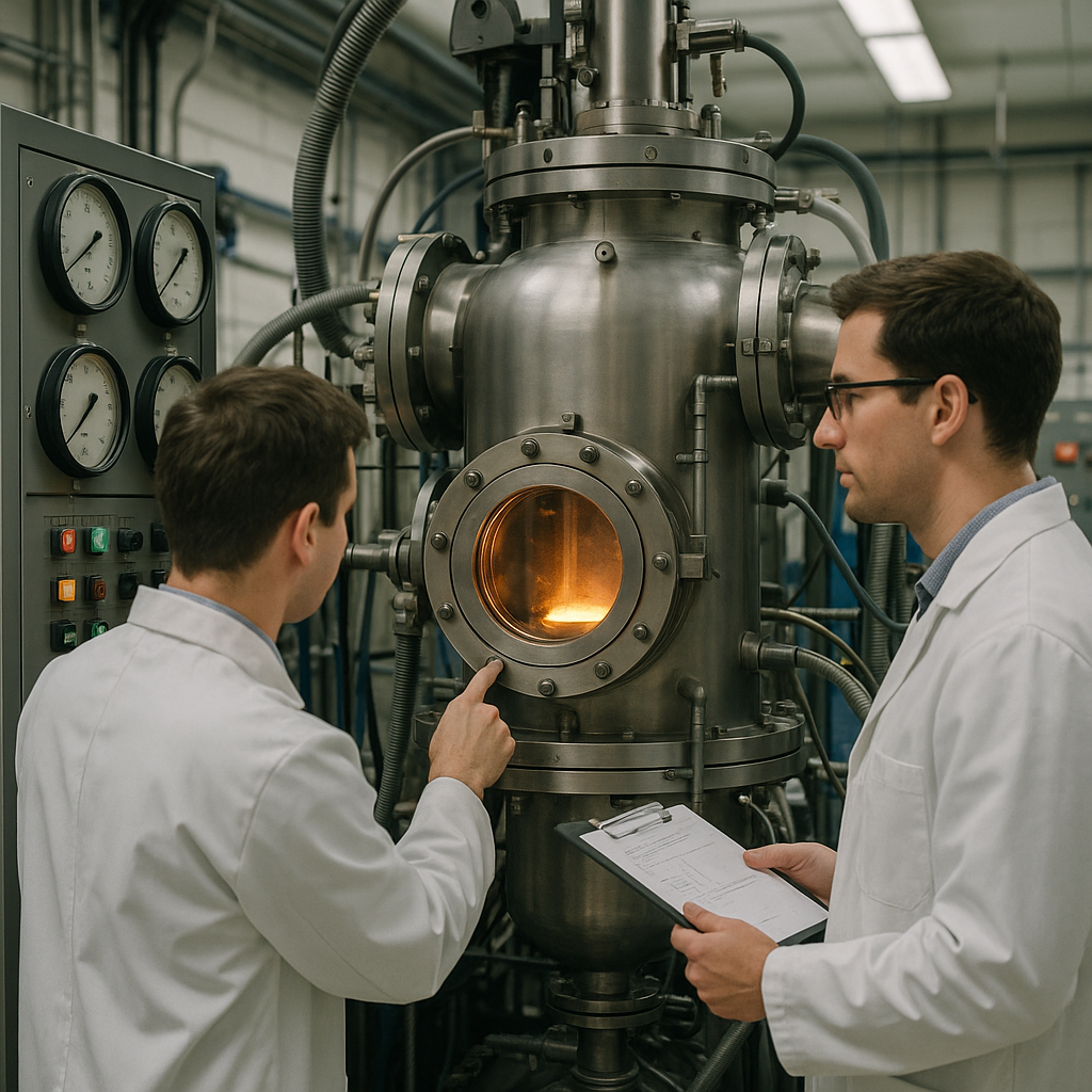 Engineers monitoring a high-tech vacuum distillation chamber processing molten metal in an industrial lab.