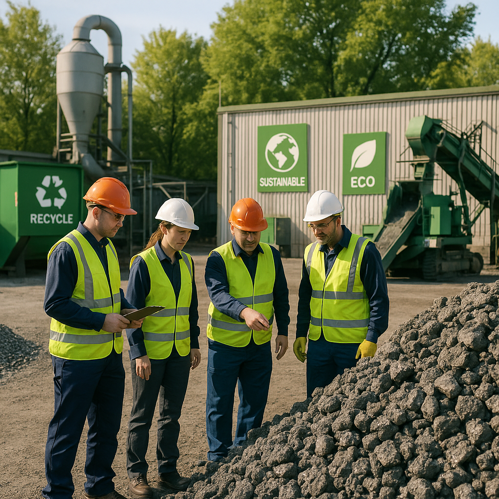 Environmentally friendly metal recycling plant with processed slag, surrounding green trees, clean skies, and sustainability signs, featuring workers inspecting materials.