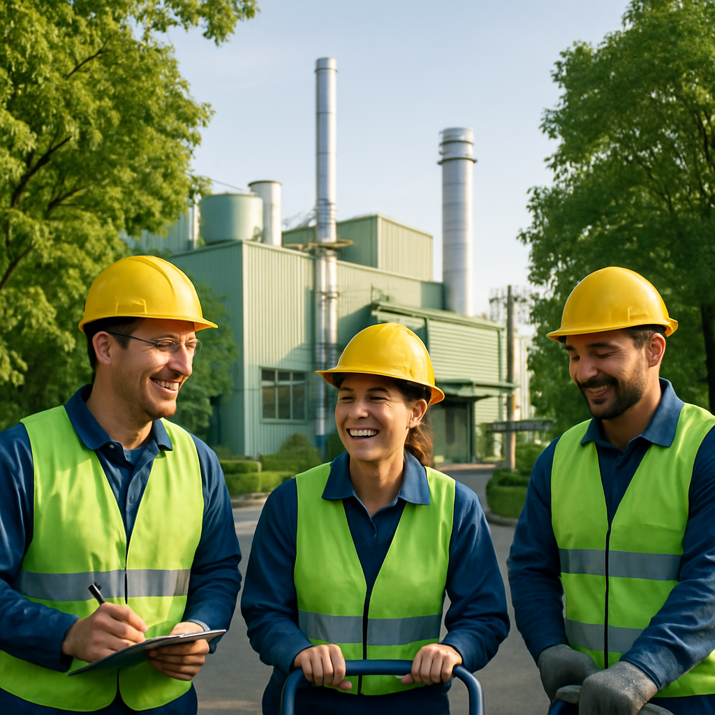 Environmentally friendly factory surrounded by healthy trees and a clear blue sky, with smiling workers in safety gear in a clean facility.