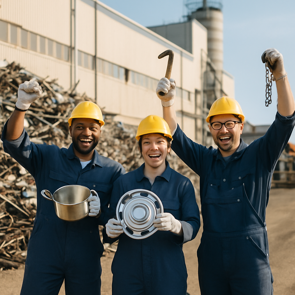 Excited workers showcasing recycled steel items and raw scrap metal next to a factory, promoting environmental care.