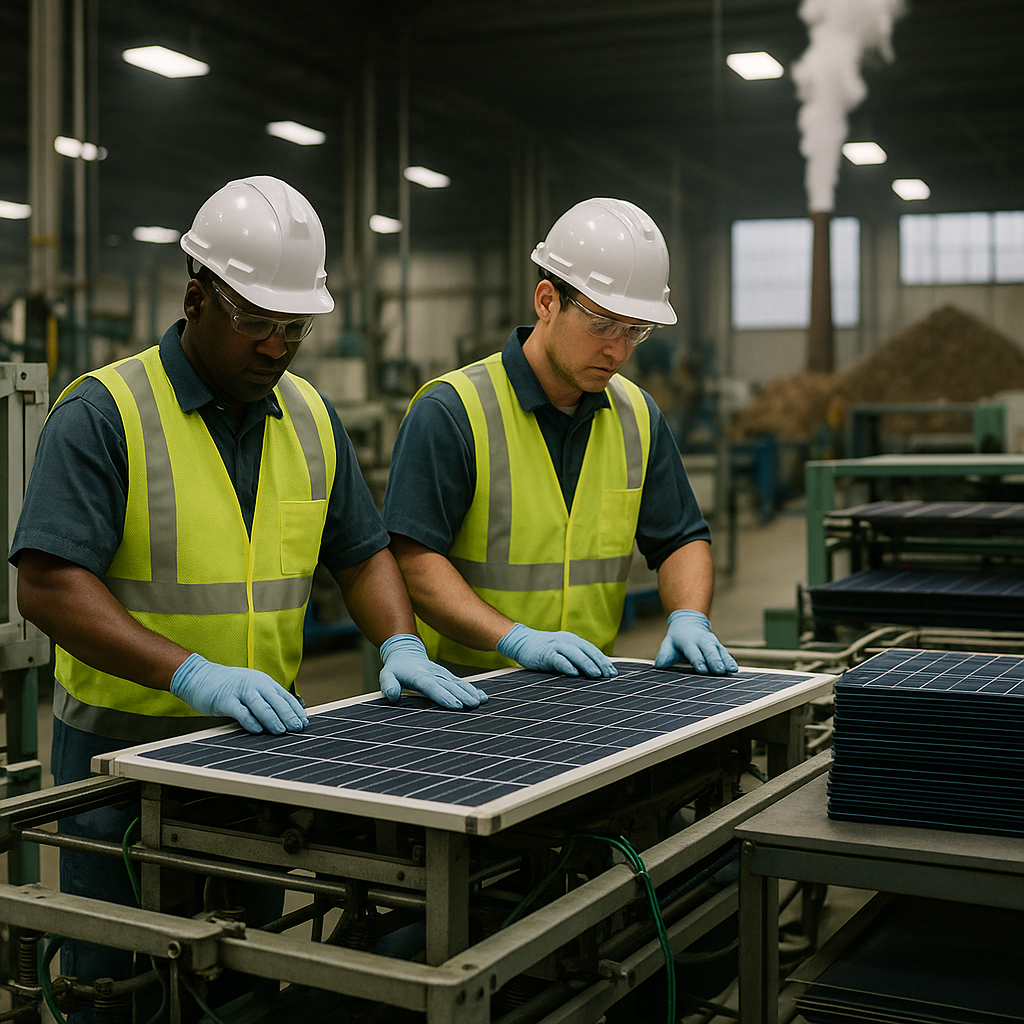 Factory assembling solar panels with machinery, workers in safety gear, smokestack emissions in the background.