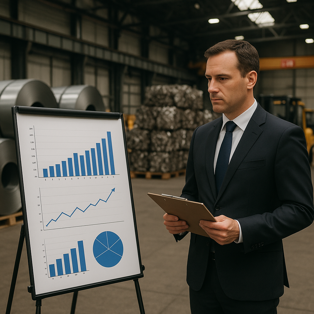 Factory manager reviewing financial charts in a warehouse filled with steel coils and processed scrap metal.