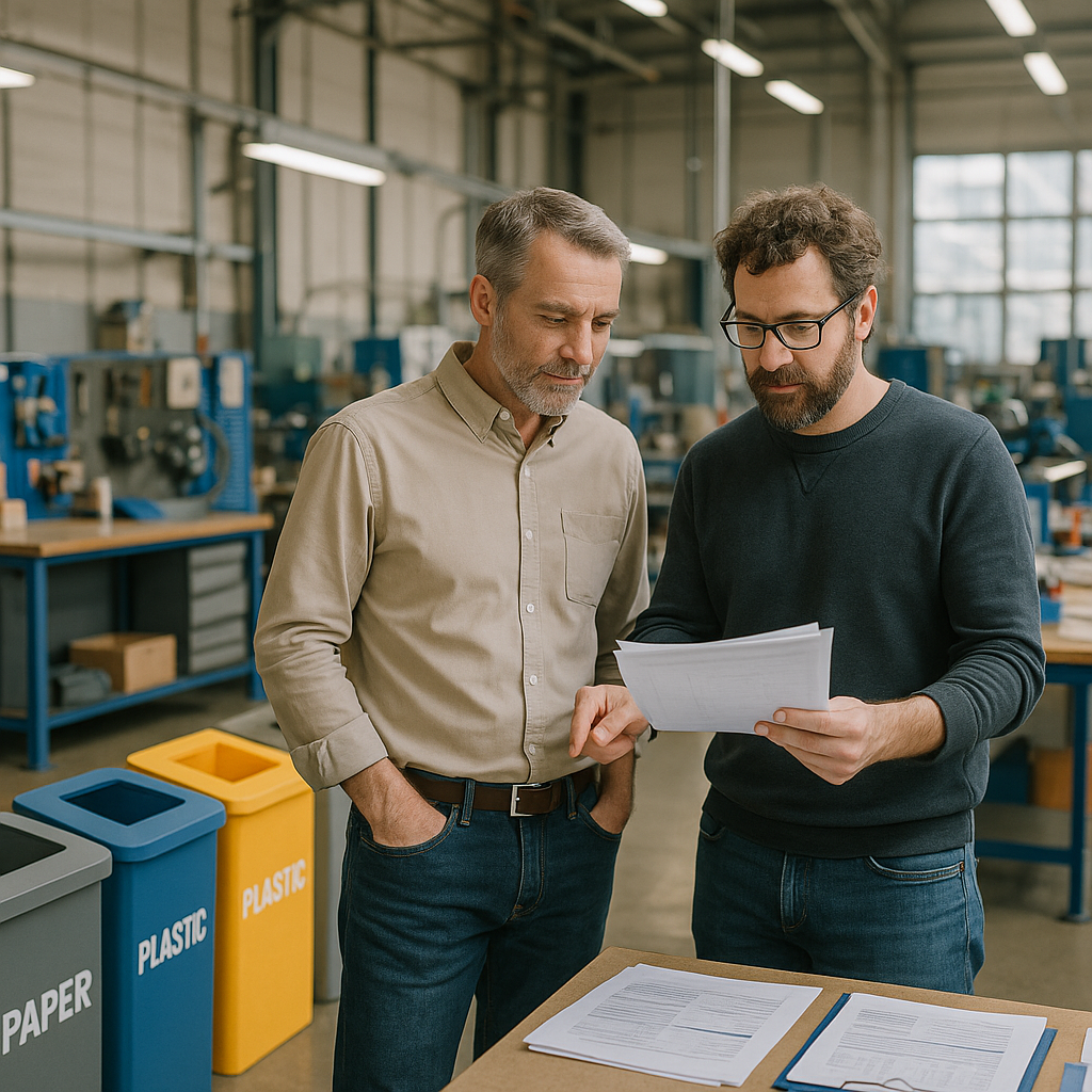 Factory managers discussing reports in front of organized recycling bins and clean workstations, creating a positive and efficient atmosphere.