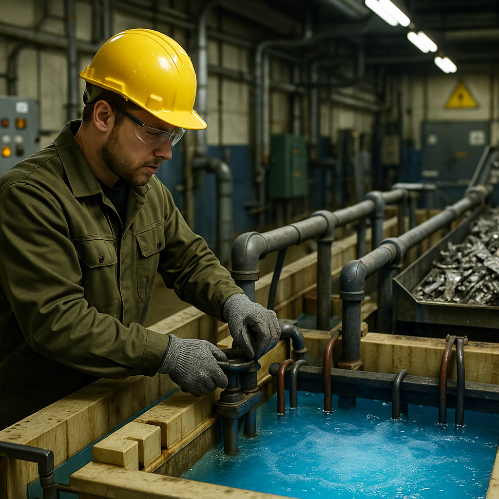Technician in safety gear operating electrolysis tanks in a factory setting with blue liquids and metal scraps being processed.