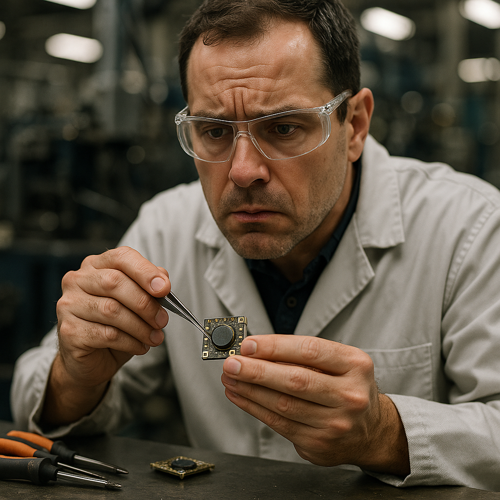 Technician Examining Electronics Parts Factory technician examining electronics parts for embedded magnets with a concerned expression, complex machinery in background.