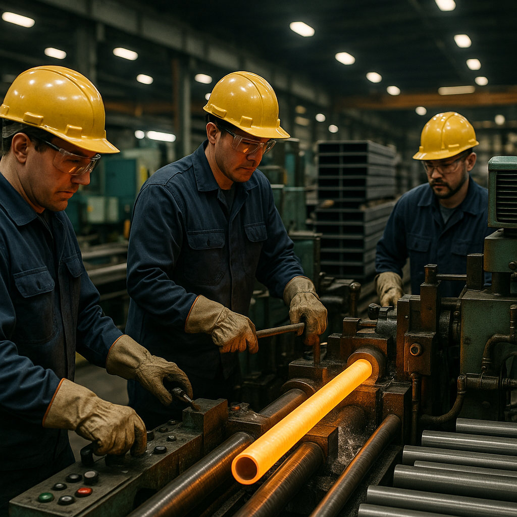 Modern Manufacturing: Shaping Metal Factory workers operating machinery to shape and mold glowing hot metal into pipes and beams in a modern manufacturing plant