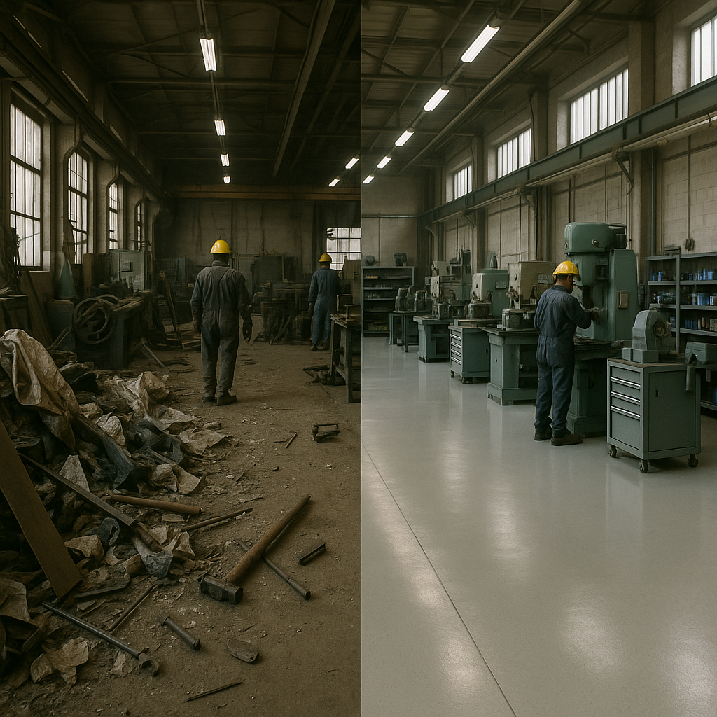 Before-and-after view of a factory, showing the transformation from cluttered to organized space.