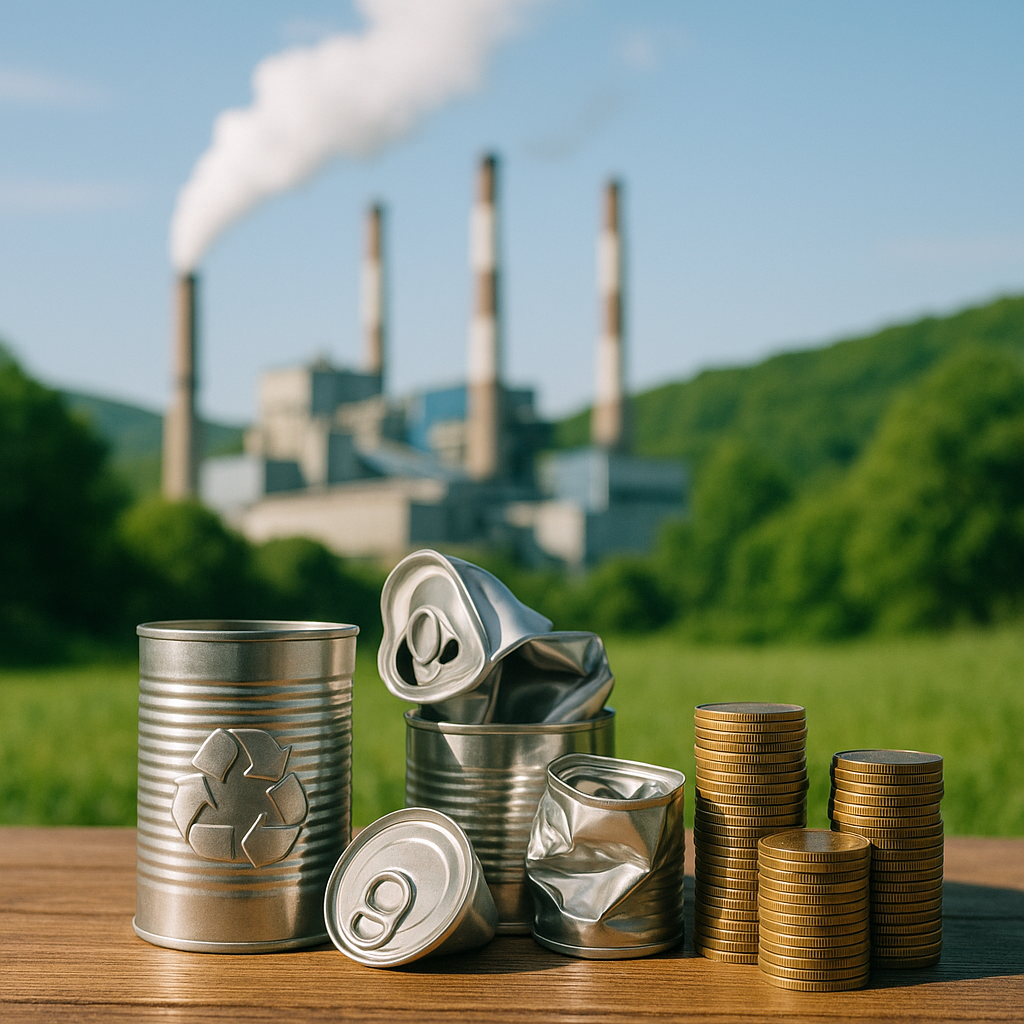 Factory emitting clean air beside a green landscape with coins stacked near recycled metal products on a wooden table on a sunny day.