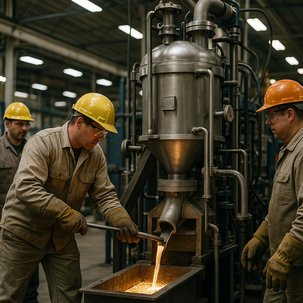 Workers operating vacuum distillation equipment in a factory floor with molten metal separation