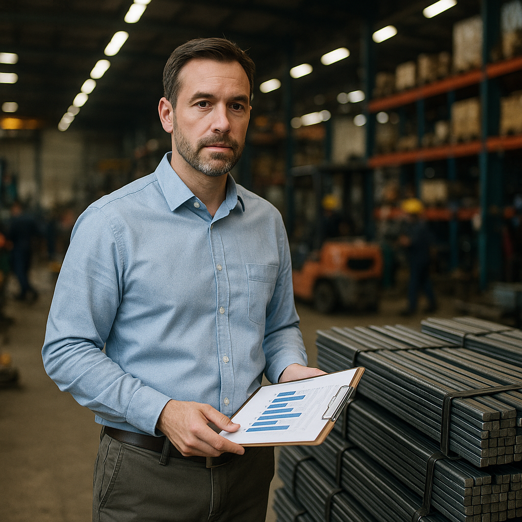 Factory manager holding clipboard with bar charts, standing by stacked steel bundles ready for shipment in busy warehouse