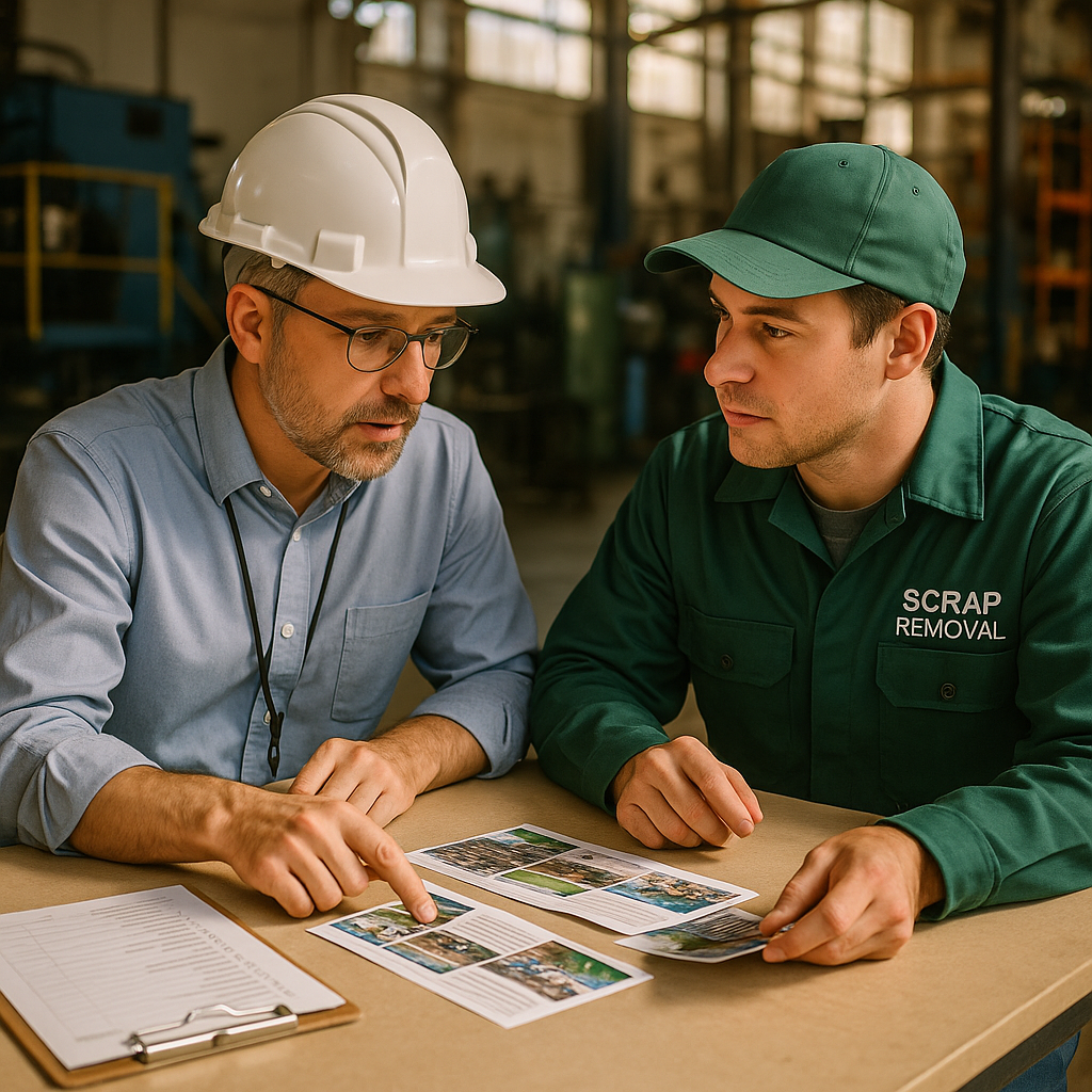 Factory Meeting on Scrap Removal Options Factory manager discussing options with a uniformed scrap removal representative at a table with brochures and a checklist in a factory setting.