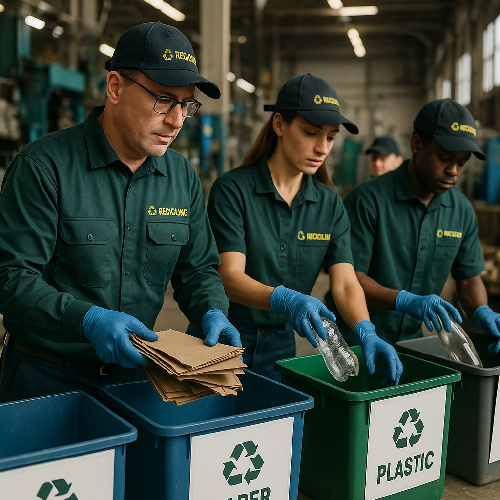 Effective Waste Management in the Factory Factory manager and team placing recyclable waste into designated bins with determined expressions and clear signage for recycling.