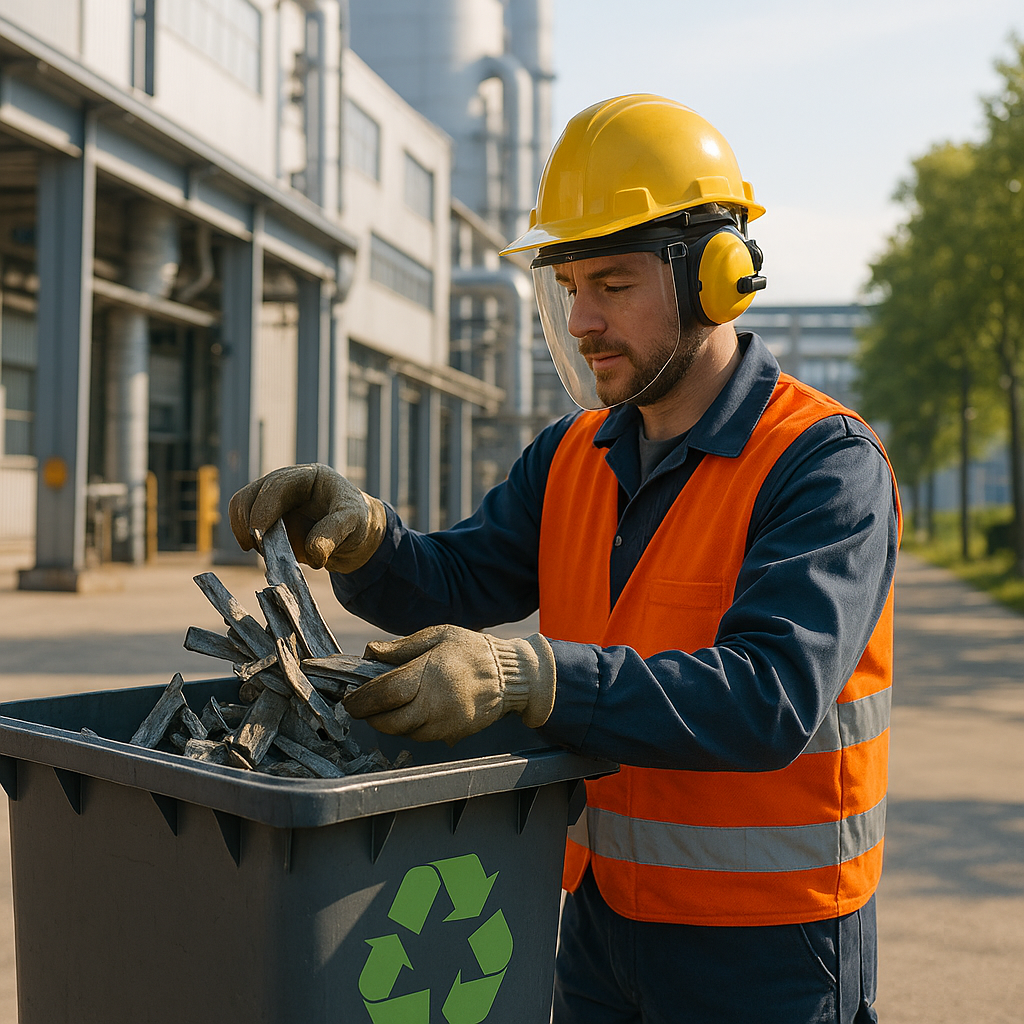 Factory worker placing scrap metal into recycling bin with a modern steel plant in the background.
