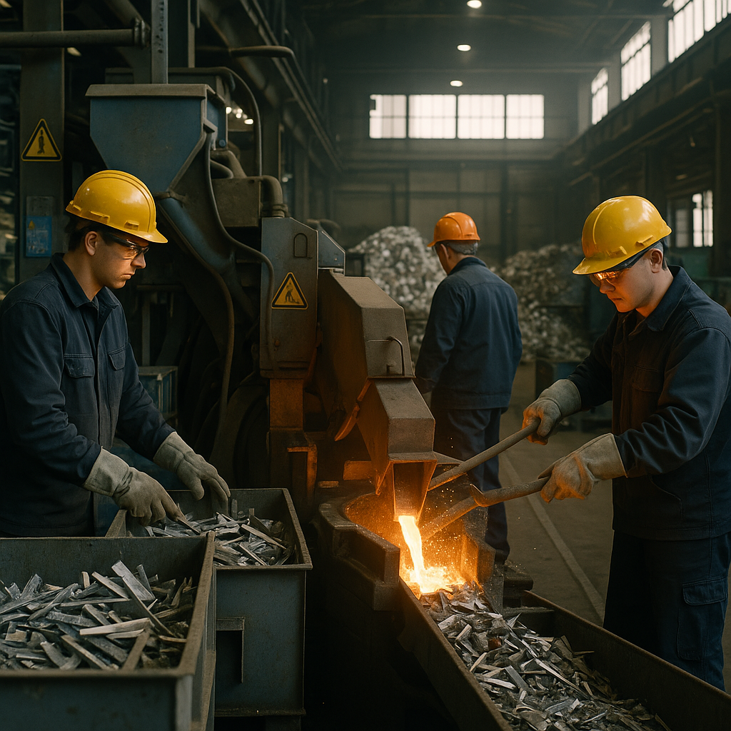Heavy Machinery in Recycling Plant Factory workers operating heavy machinery to sort and melt scrap metal in a large recycling plant with glowing molten metal.