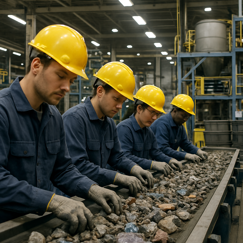 Factory Workers Sorting Rare Earth Materials Factory workers sorting rare earth materials on conveyor belts with industrial machinery in the background under bright fluorescent lighting.